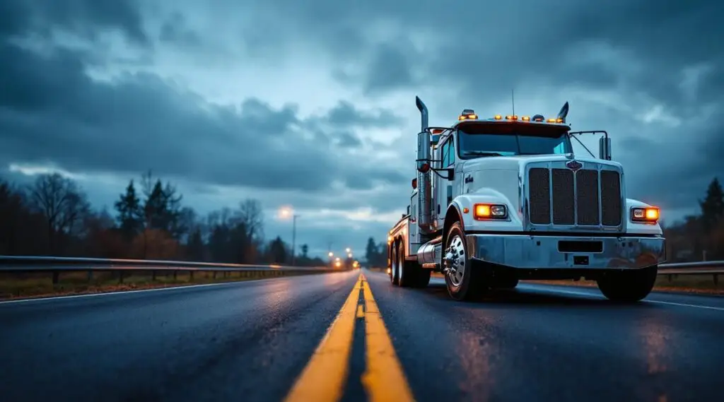 A flatbed tow truck from Cheap Towing Victoria loading a disabled car on a busy street at dusk, with city lights in the background, conveying urgent roadside assistance.