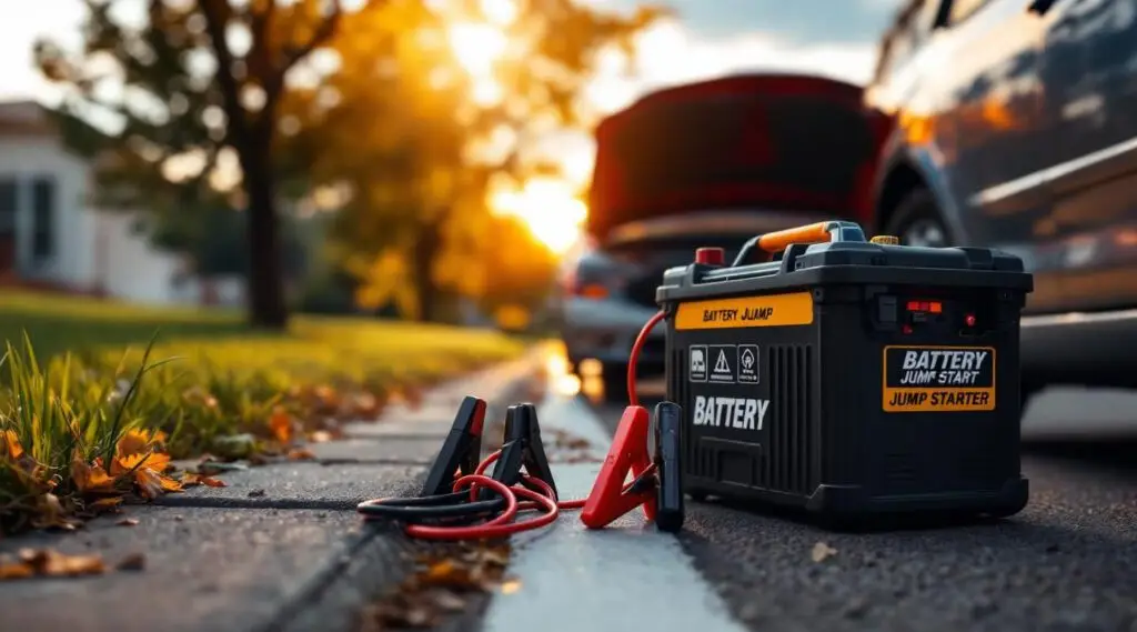 Tow truck driver giving a battery jump start to a stranded car on a roadside in Langford