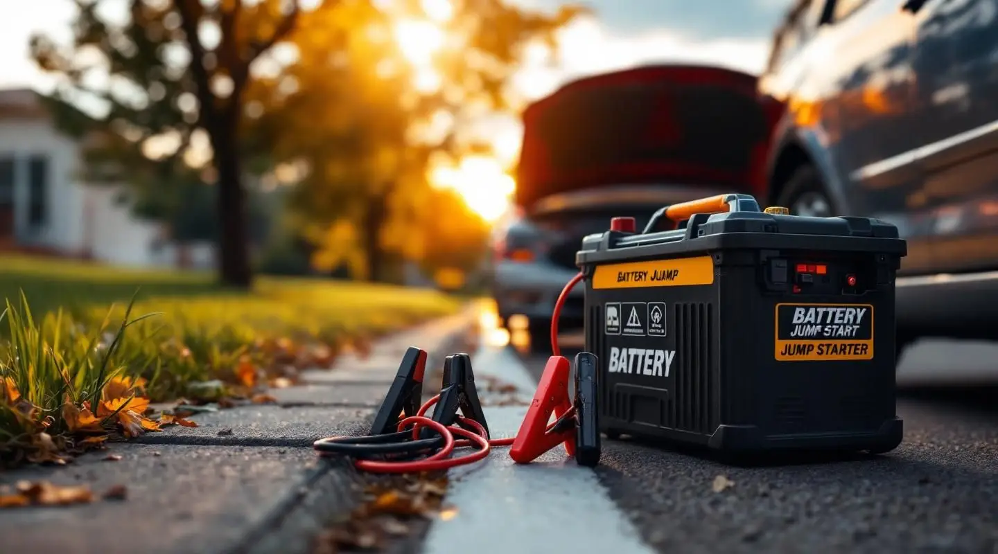 Tow truck driver giving a battery jump start to a stranded car on a roadside in Victoria