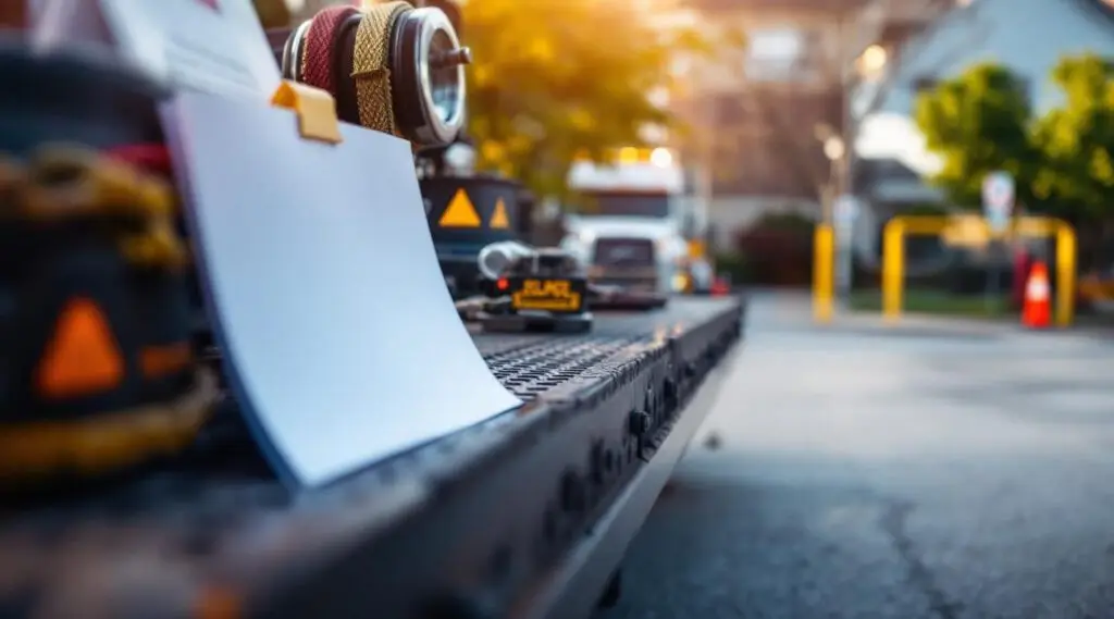 Tow truck preparing to remove an illegally parked car from a private parking lot in Langford