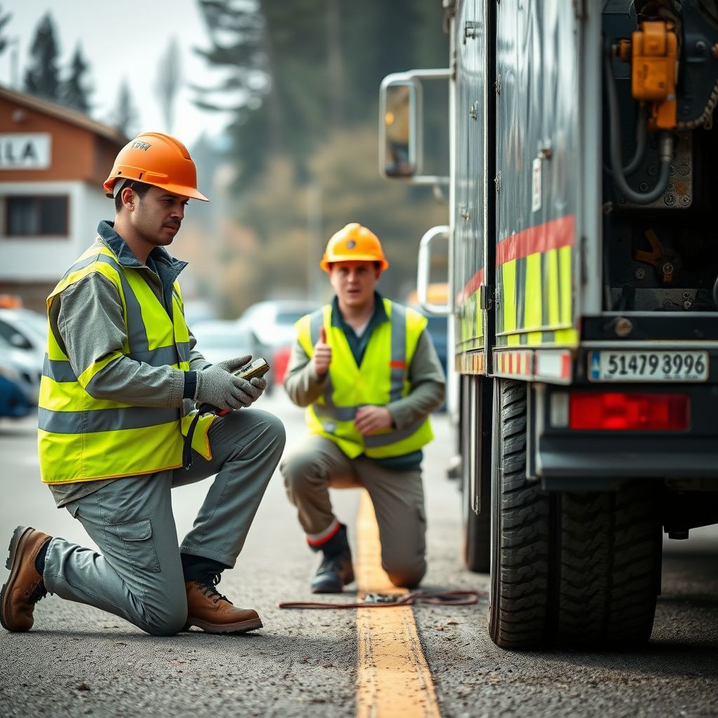 A professional tow truck operator smiling next to a modern tow truck, ready to assist a stranded motorist in Metchosin.