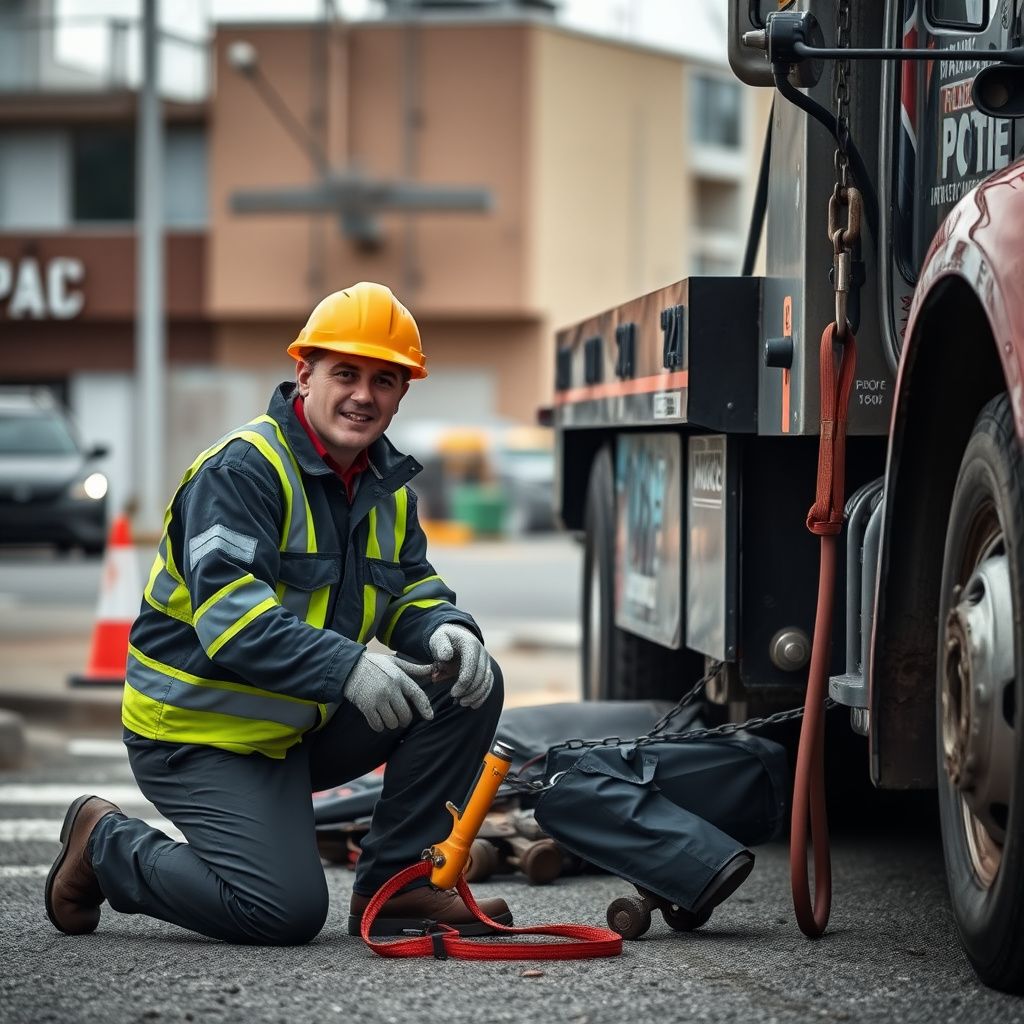 A tow truck driver in a reflective vest shaking hands with a relieved motorist next to a safely loaded vehicle on a tow truck in Langford, BC.