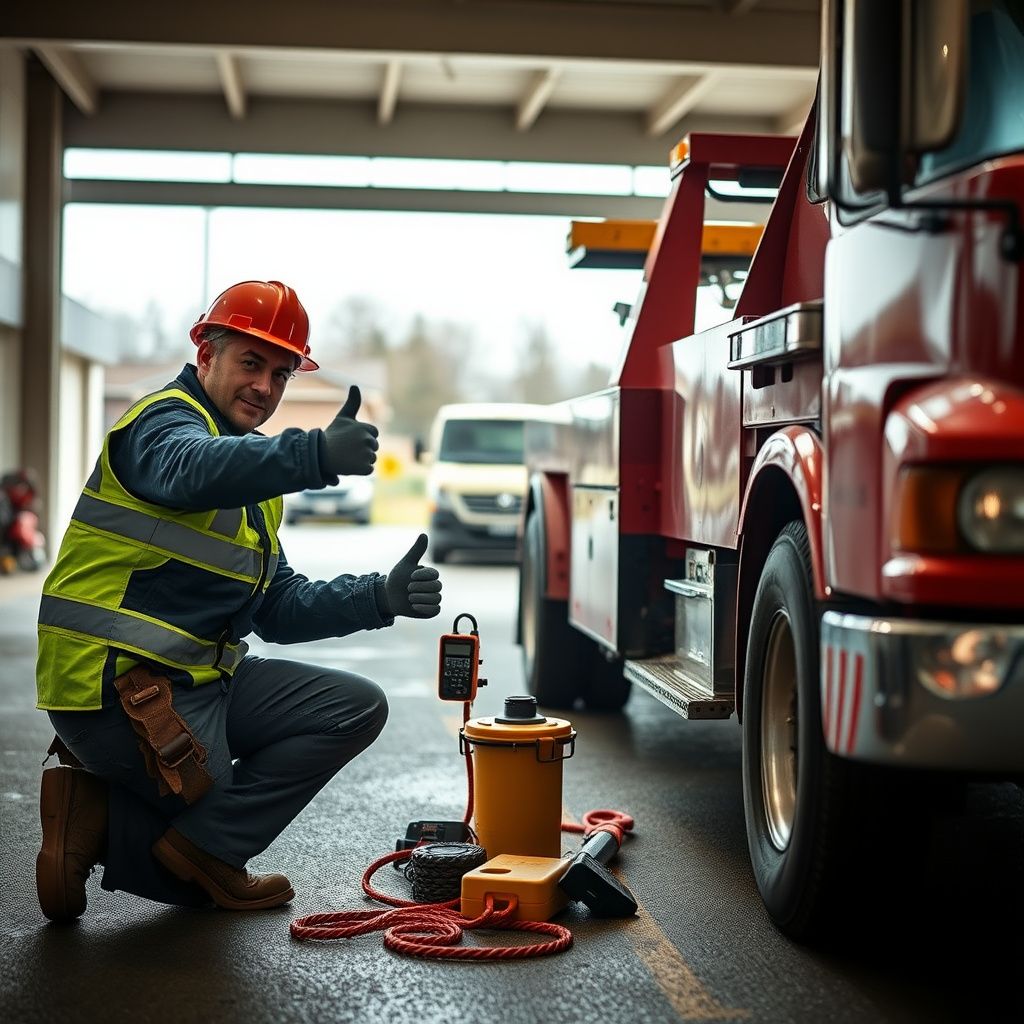 A professional tow truck operator smiling next to a modern flatbed tow truck in North Saanich, BC, ready to assist a customer.