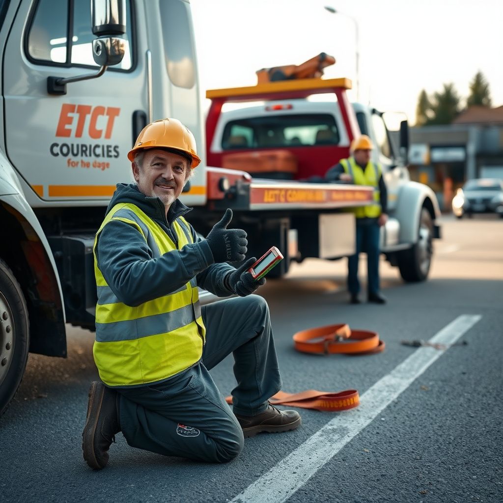 A professional tow truck operator smiling while securing a vehicle onto a flatbed in Oak Bay, BC, at dusk.