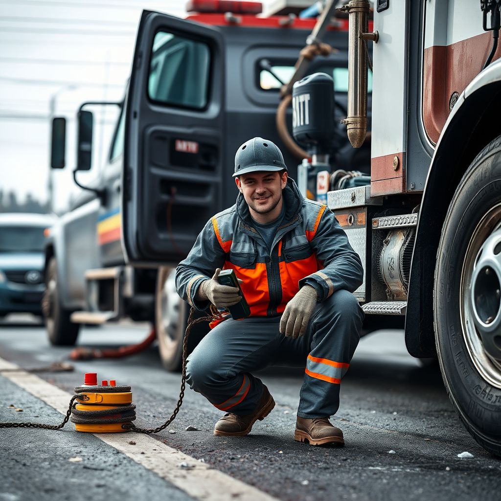 A professional tow truck operator assisting a driver with a flat tire on the side of a road in Highlands, BC, with safety cones visible.