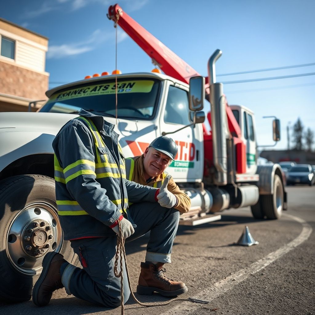 A professional tow truck operator smiling after successfully assisting a motorist on a Central Saanich road, with a modern tow truck in the background.