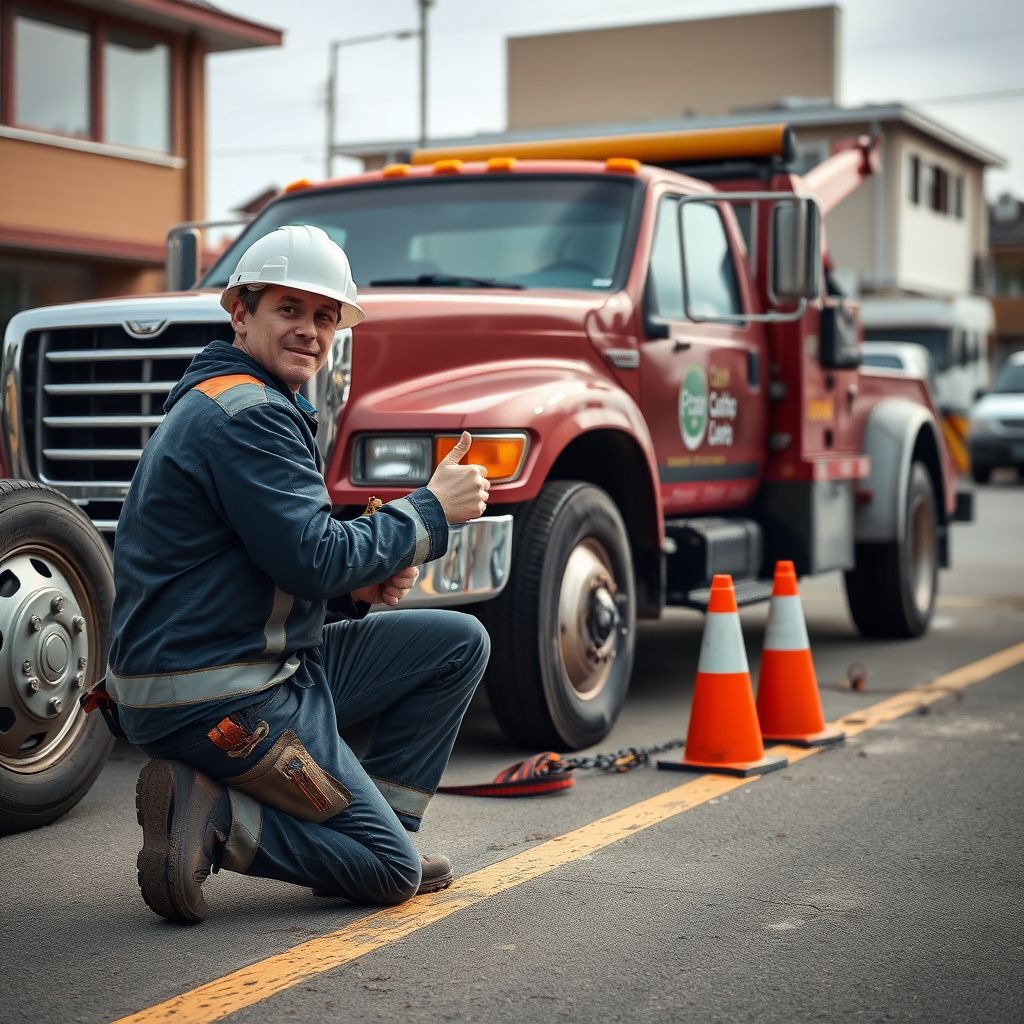 A professional tow truck driver assisting a customer with a tire change on a sunny road in Colwood, BC.